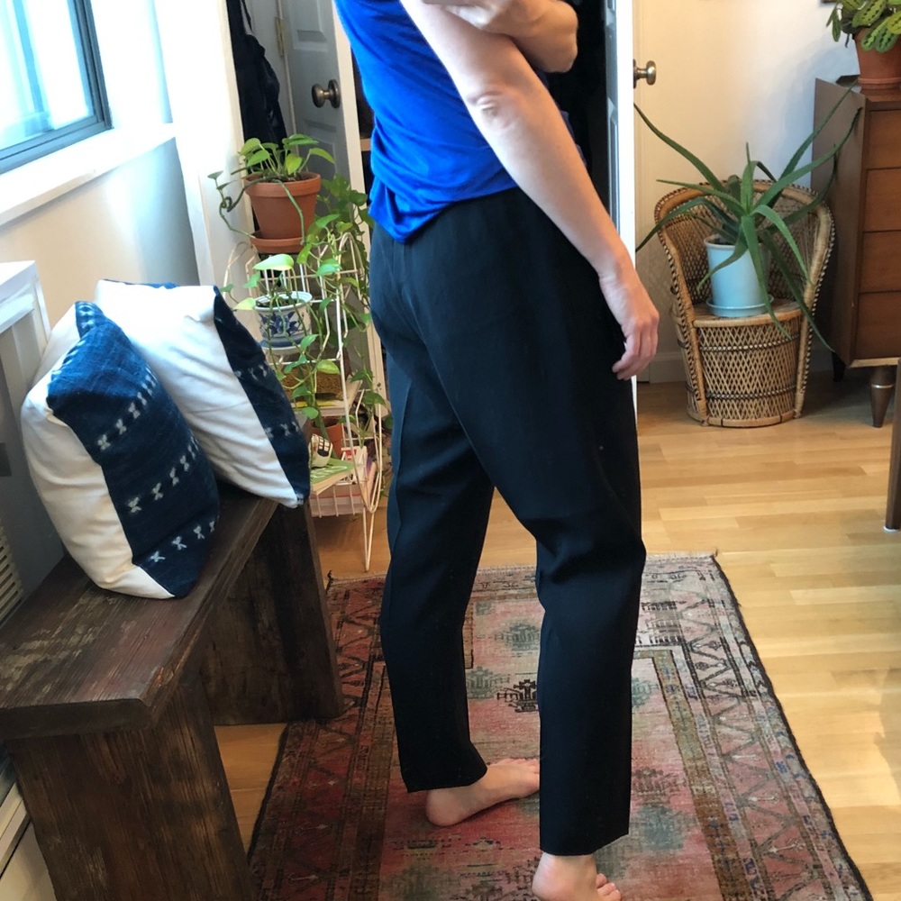 Sleek creased Japanese fabric elastic waist pants